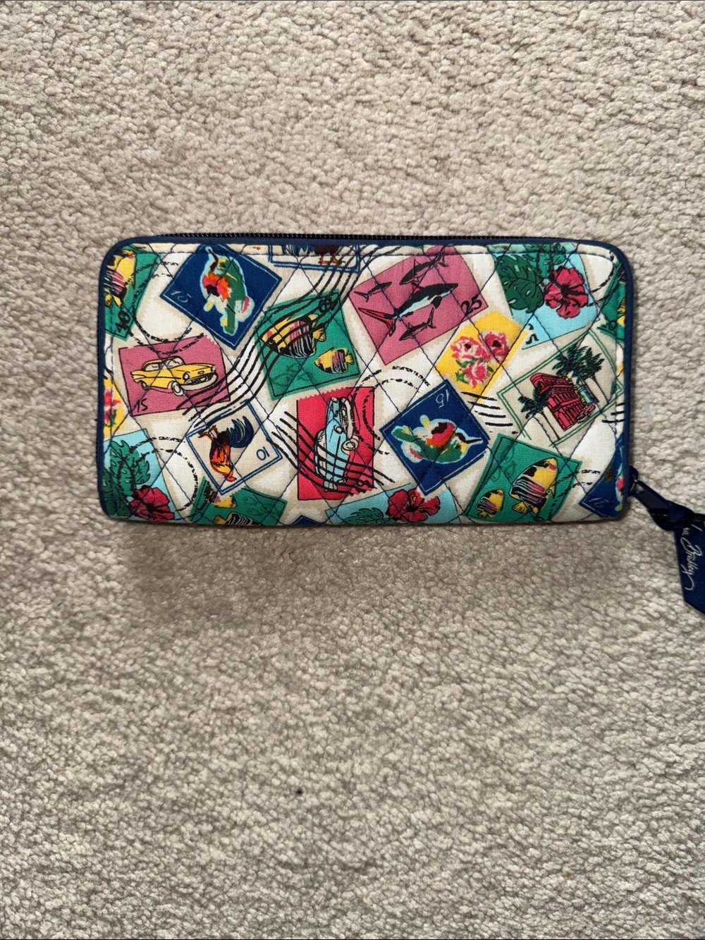 Vera Bradley Multicolor Postage Stamp Zip Wallet with Navy Trim